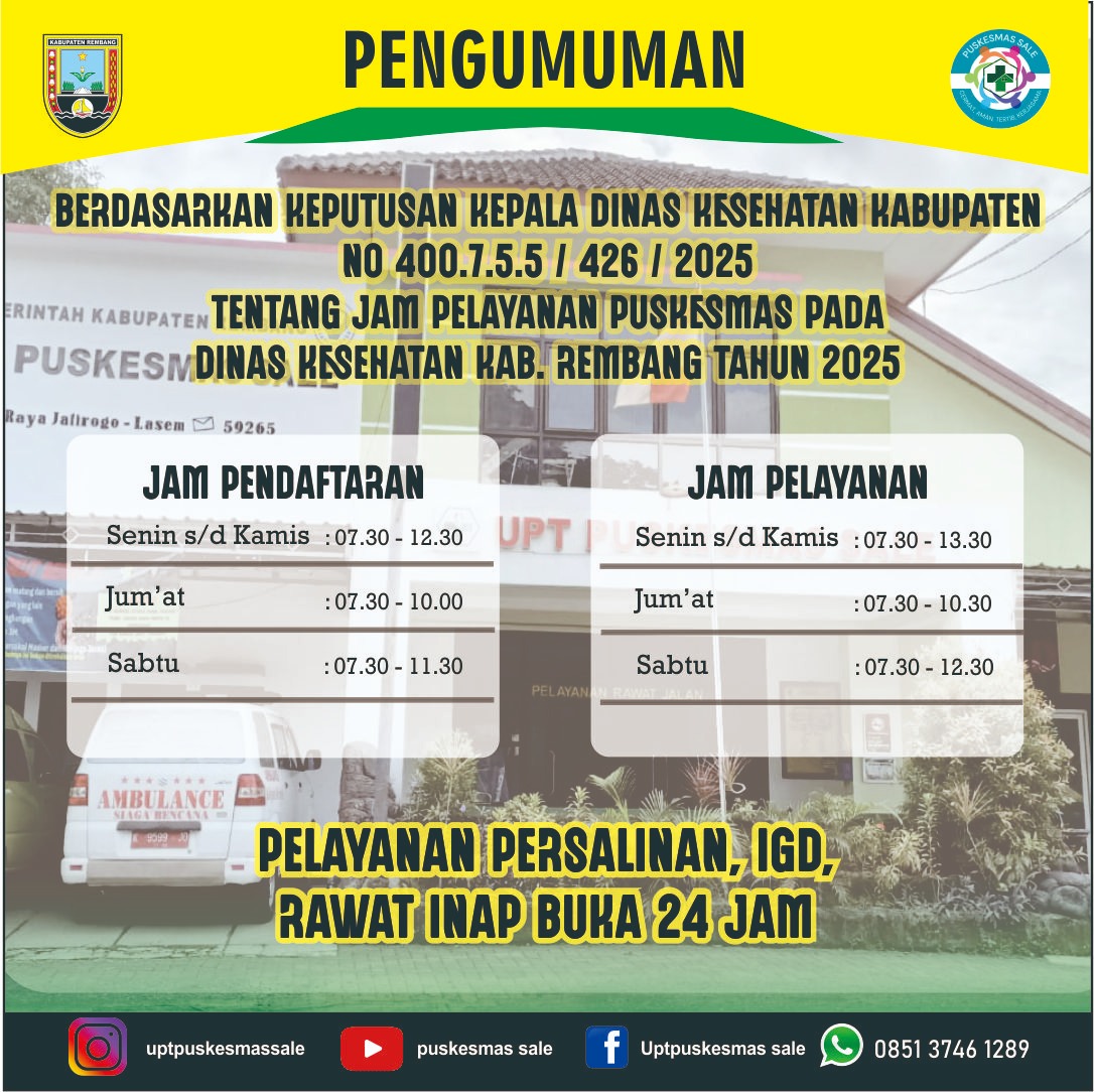 Informasi Jam Operasional Pelayanan Puskesmas Sale